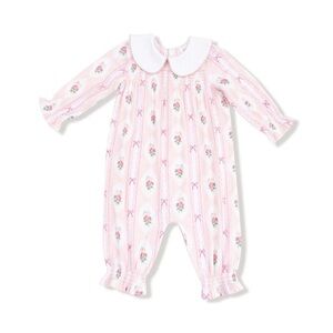 Angel Dear Ogee Lace Floral Smocked Long Sleeve Romper with Peter Pan Collar